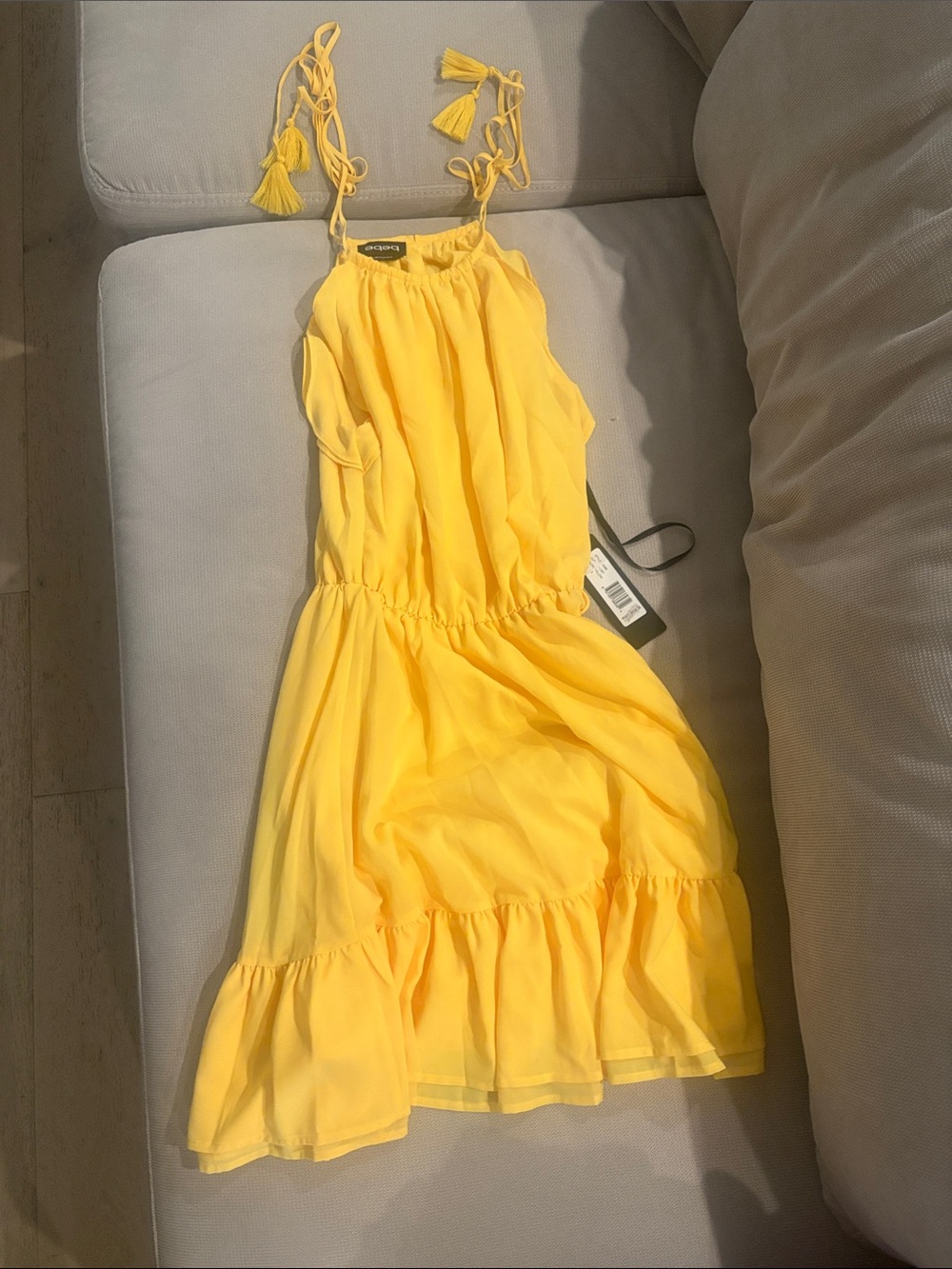 bebe Yellow Tie-Strap Ruffle Sundress